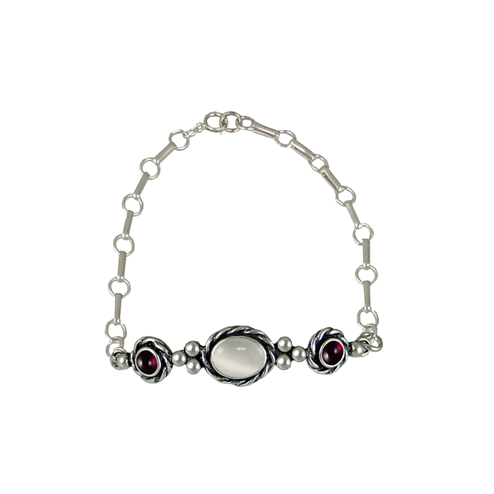 Sterling Silver Gemstone Adjustable Chain Bracelet With White Moonstone And Garnet